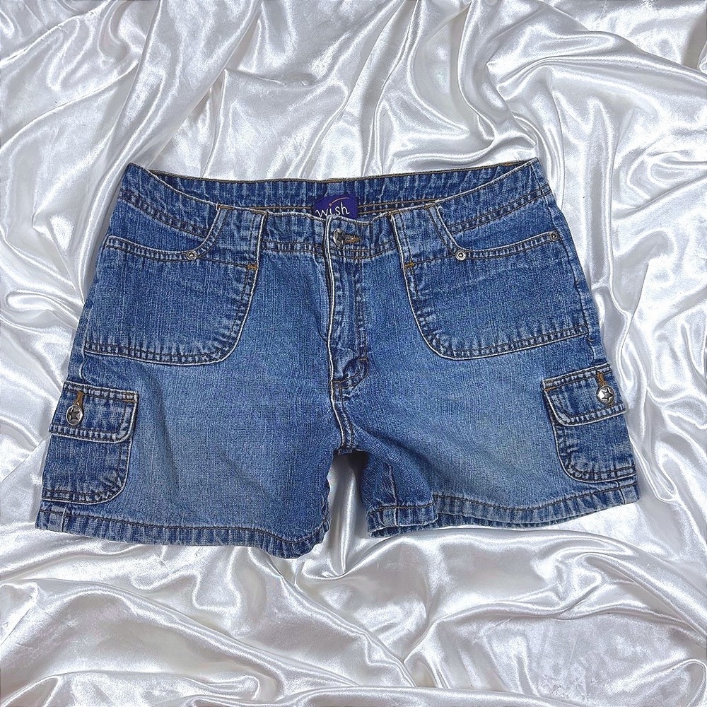 y2k Denim Cargo Shorts Blue Excellent Star Button Utility Pockets Wish 9M
